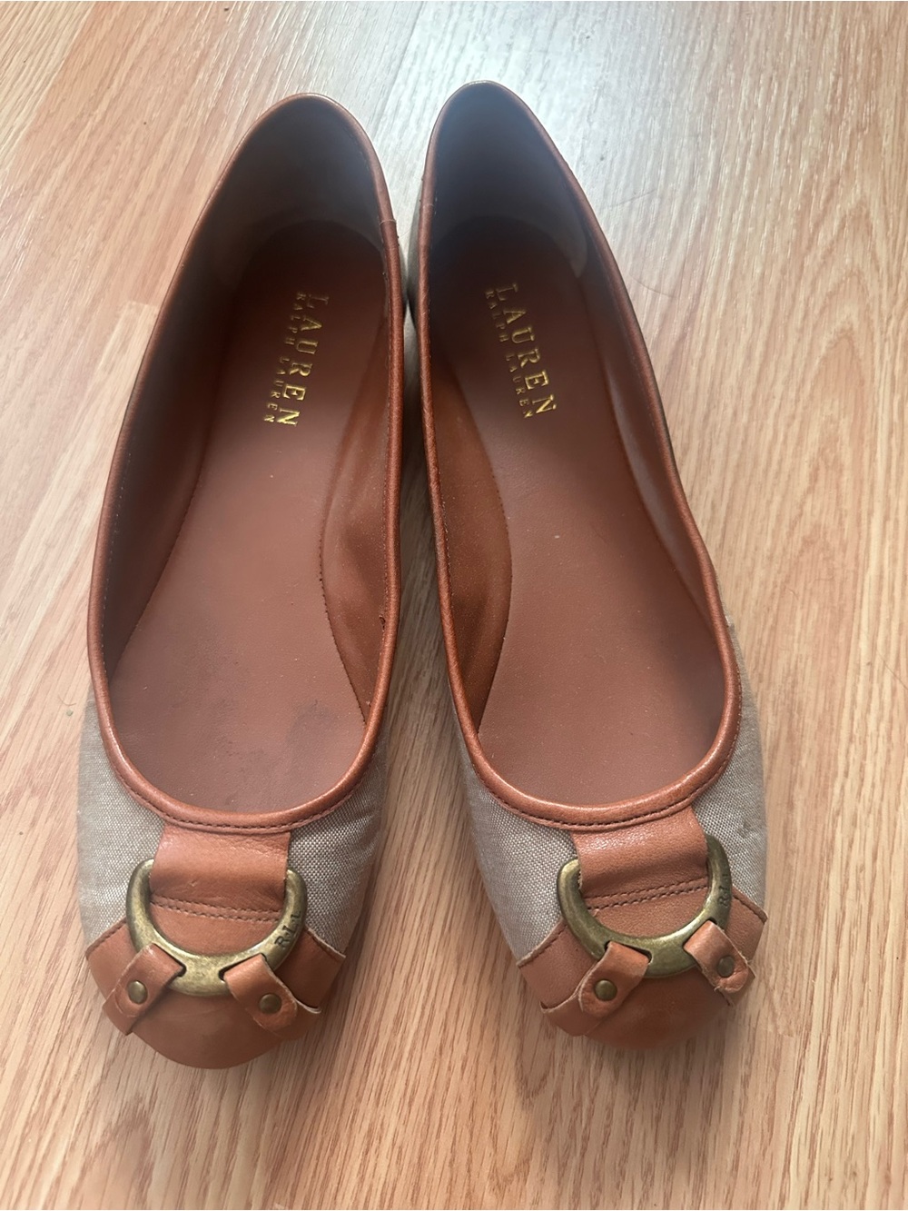 Lauren Ralph Lauren Tan & Brown Canvas Leather Ballet Flats 8b